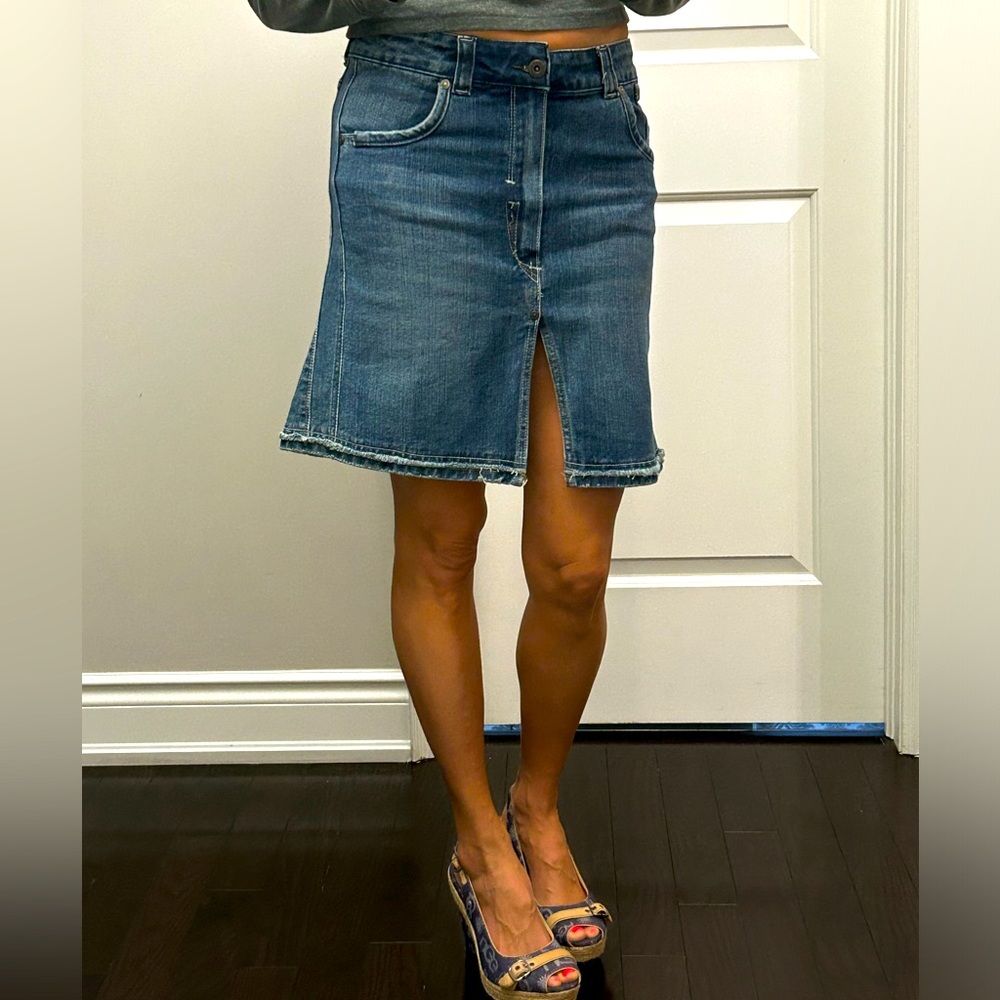 Jean skirt with high front slit by moto with front slit and back pleat